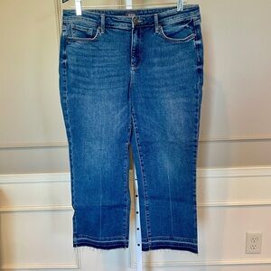 NYDJ Relaxed Straight Raw Hem Jeans 12 striped cuff lift tuck medium wash